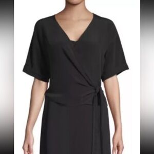 Eileen Fisher Top women large Blouse Shirt wrap Crepe Black Short Sleeve B10